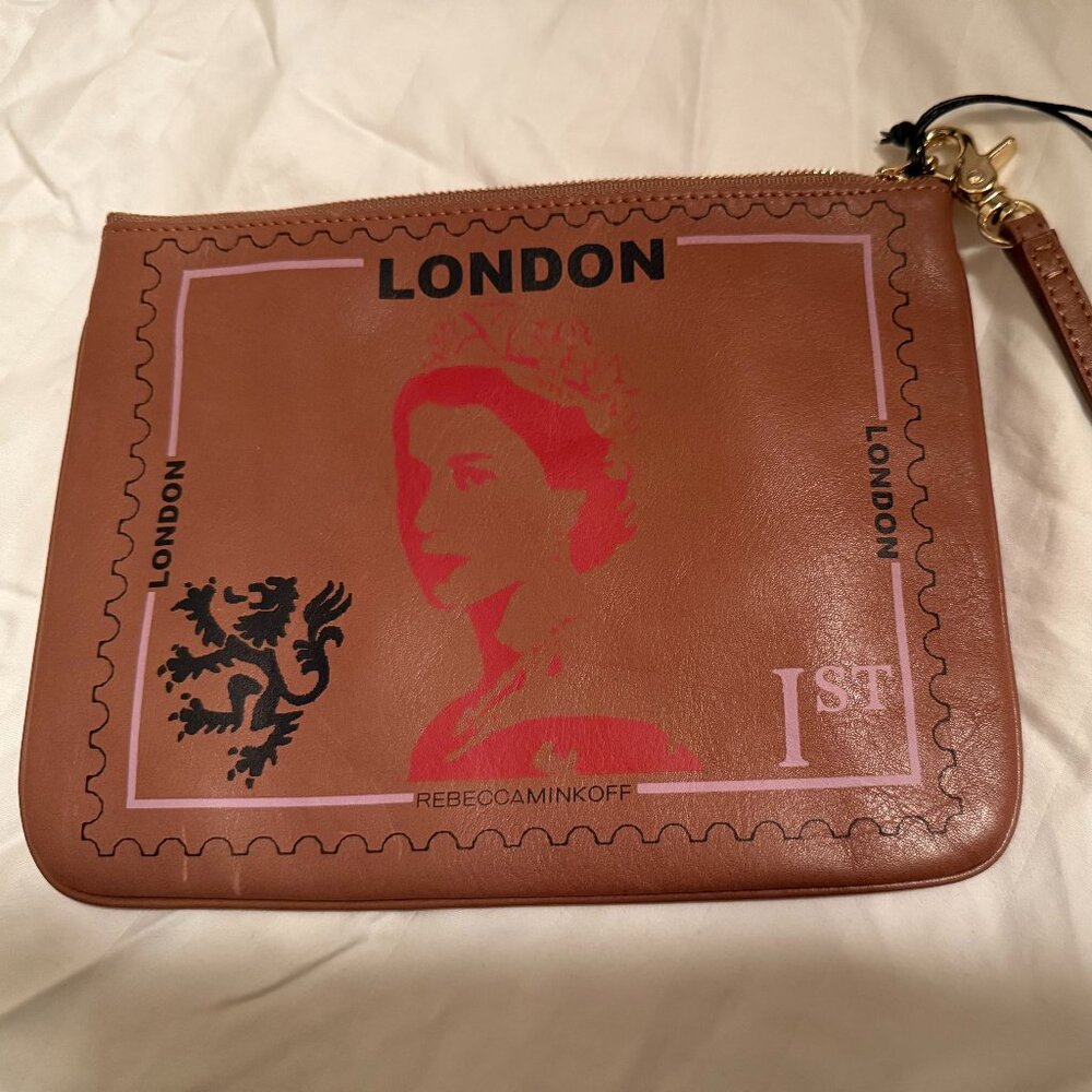 Rebecca Minkoff brown leather London Postage Stamp clutch